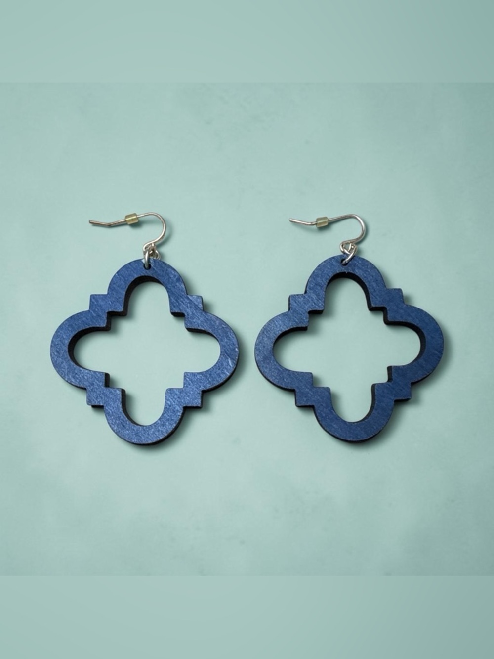 Navy Blue Quatrefoil Wooden Dangle Earrings